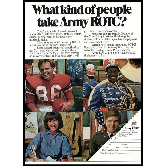 1975 US Army ROTC Recruiting Vintage Print Ad Football Artist Band Wall Art 70s - Picture 1 of 2